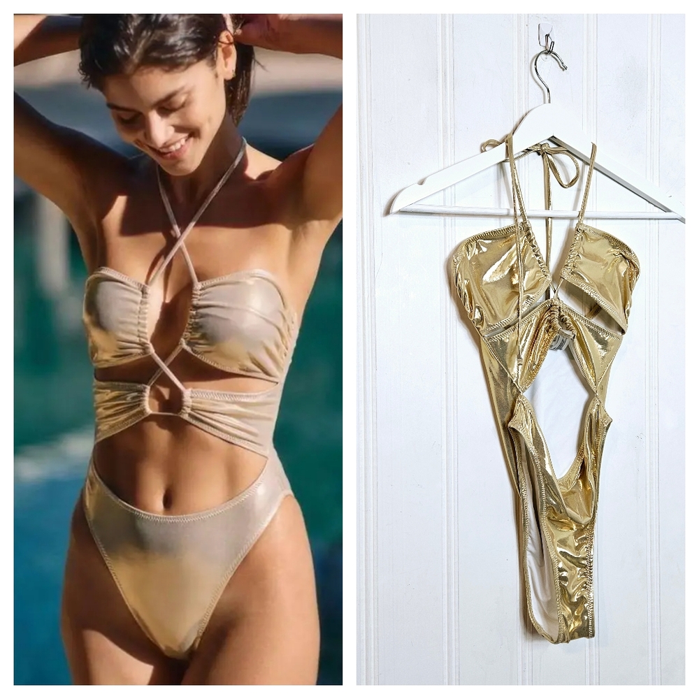 Solid & Striped One Piece Swimsuit Womens  XS Ariana Liquid Foil Gold Cutout